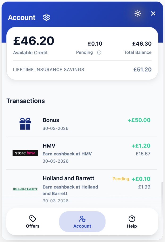 Account tab in light theme showing balance card, transactions, and accent on header and active tab.