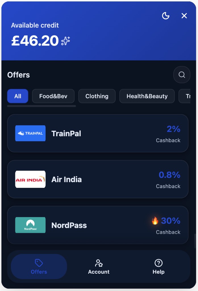 Offers tab in dark theme with accent on header, chips, navigation, and cashback amounts.