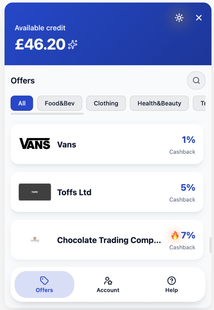 Offers tab in light theme showing accent on header, filters, offer cards, and navigation.